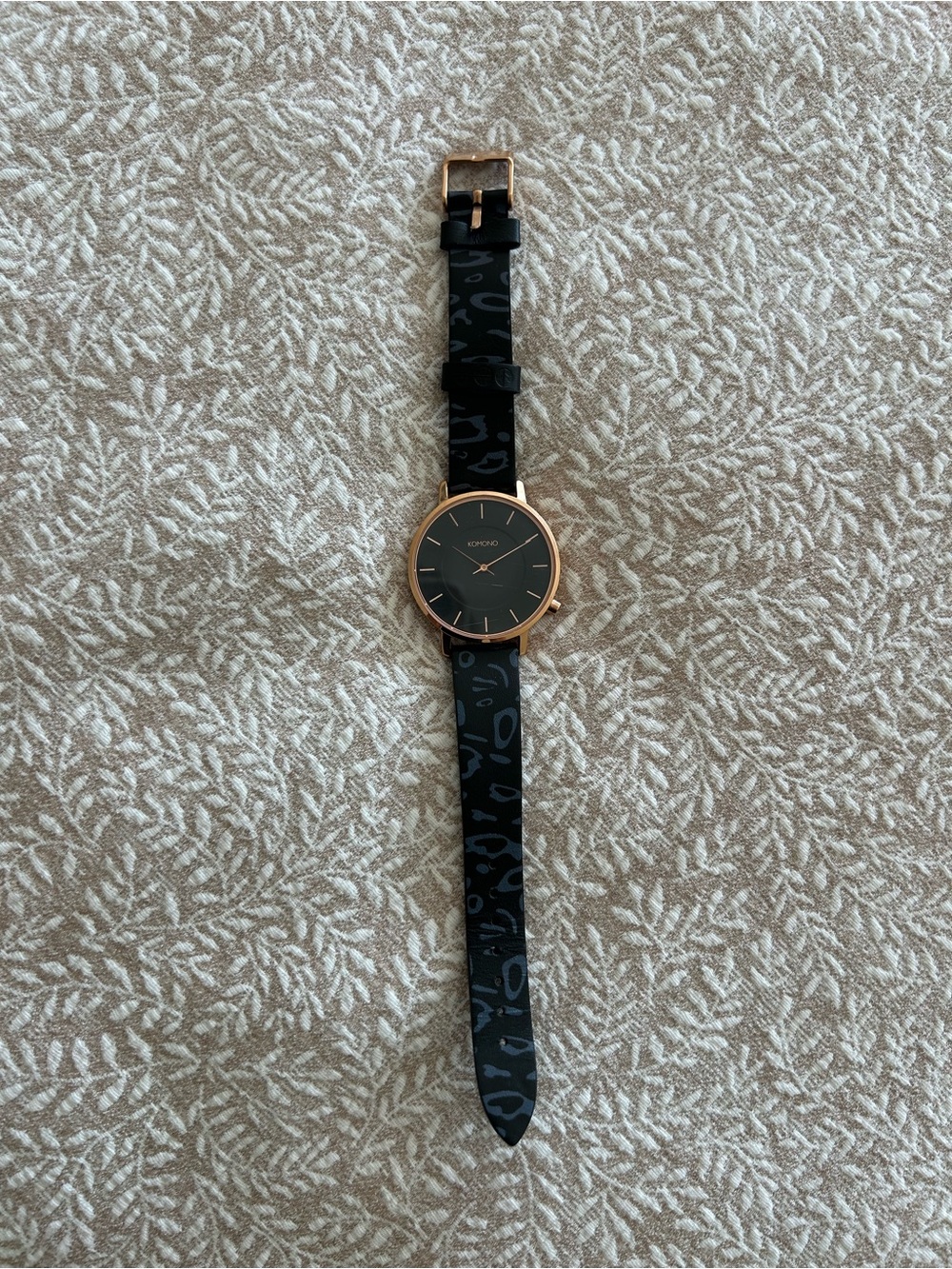 Komono Black Watch with Rose Gold Case and Black Patterned Strap